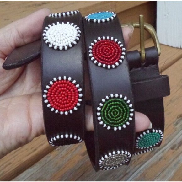Belt Beaded Circles Handmade Masaai Maasai Masai leather Sz 35 (34\